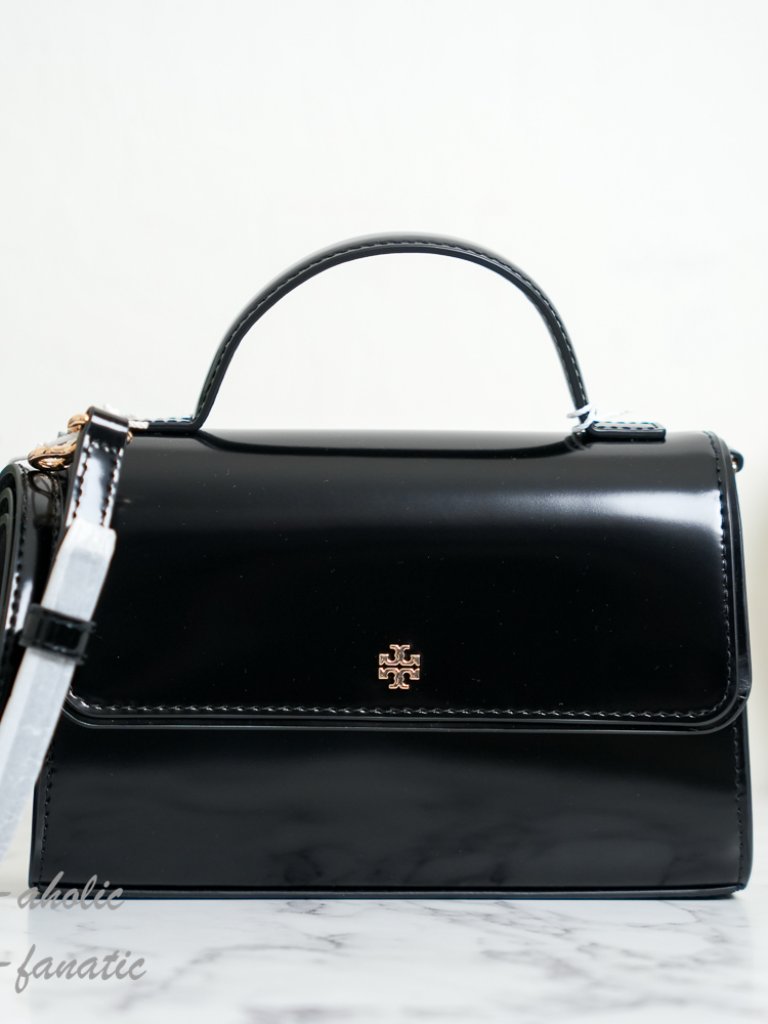 Tory Burch Emerson Smooth Leather Mini Top Handle Satchel Crossbody In Black Nwt